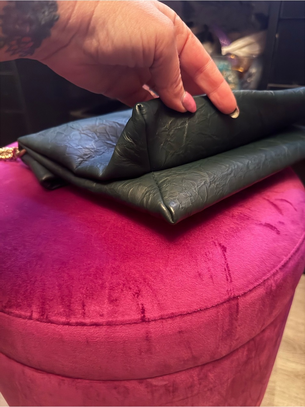 Anthropologie Dark Green Fold-Over Crossbody with Gold Chain Strap - Picture 7 of 11